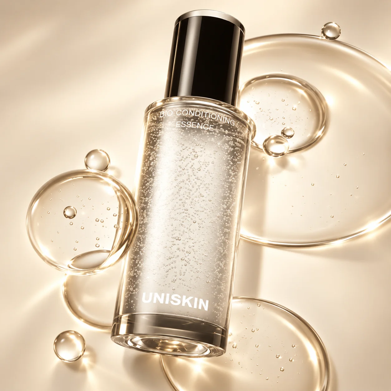 Bottle of translucent bio conditioning essence with visible bubbles, surrounded by liquid droplets on a beige background.